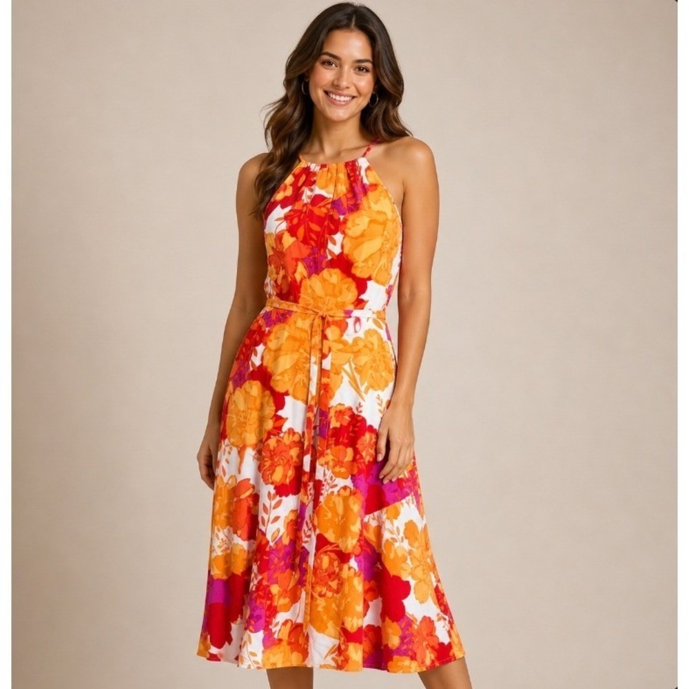 Karl Lagerfeld Dress Women's 4 Halter Floral Midi Fit‎ & Flare Belted Orange Red